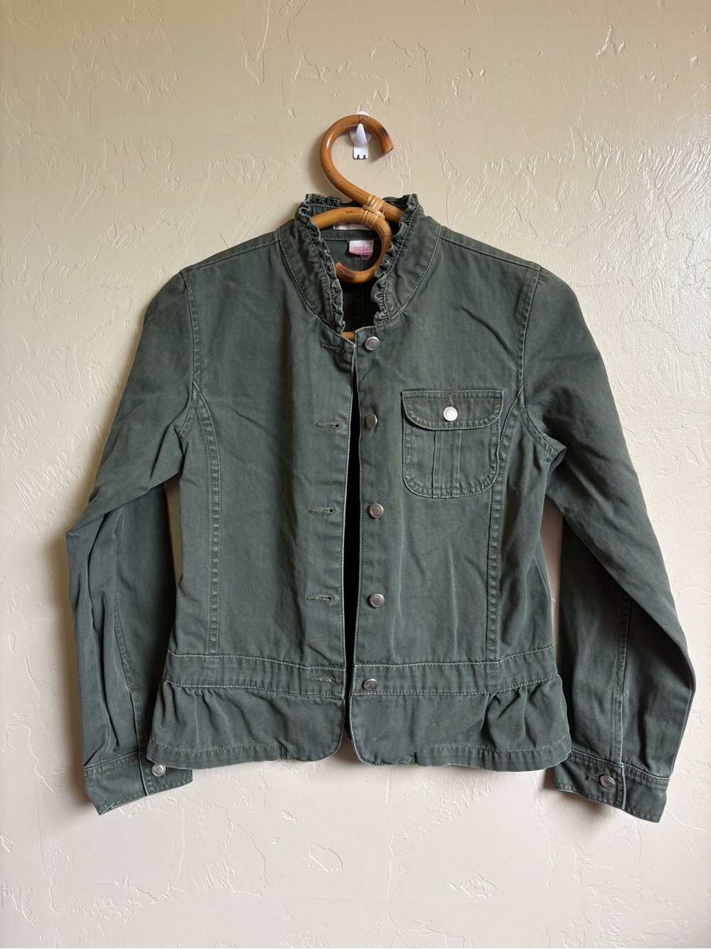2004 Y2K Vintage Xhilaration Green 100% Cotton Ruffle Trim Utility Jacket 2000s
